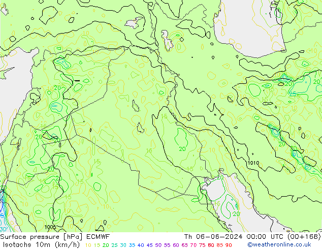 Isotachs (kph) ECMWF Th 06.06.2024 00 UTC