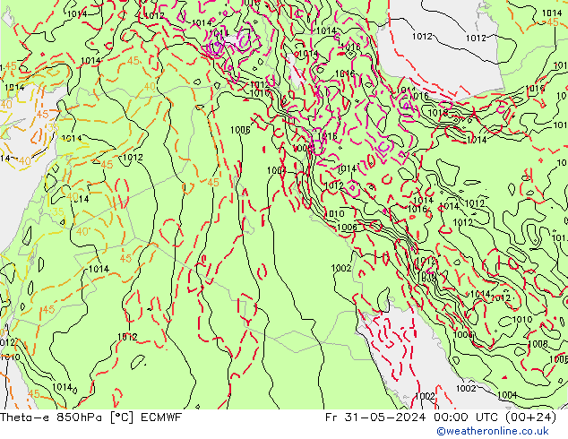 Theta-e 850hPa ECMWF Cu 31.05.2024 00 UTC