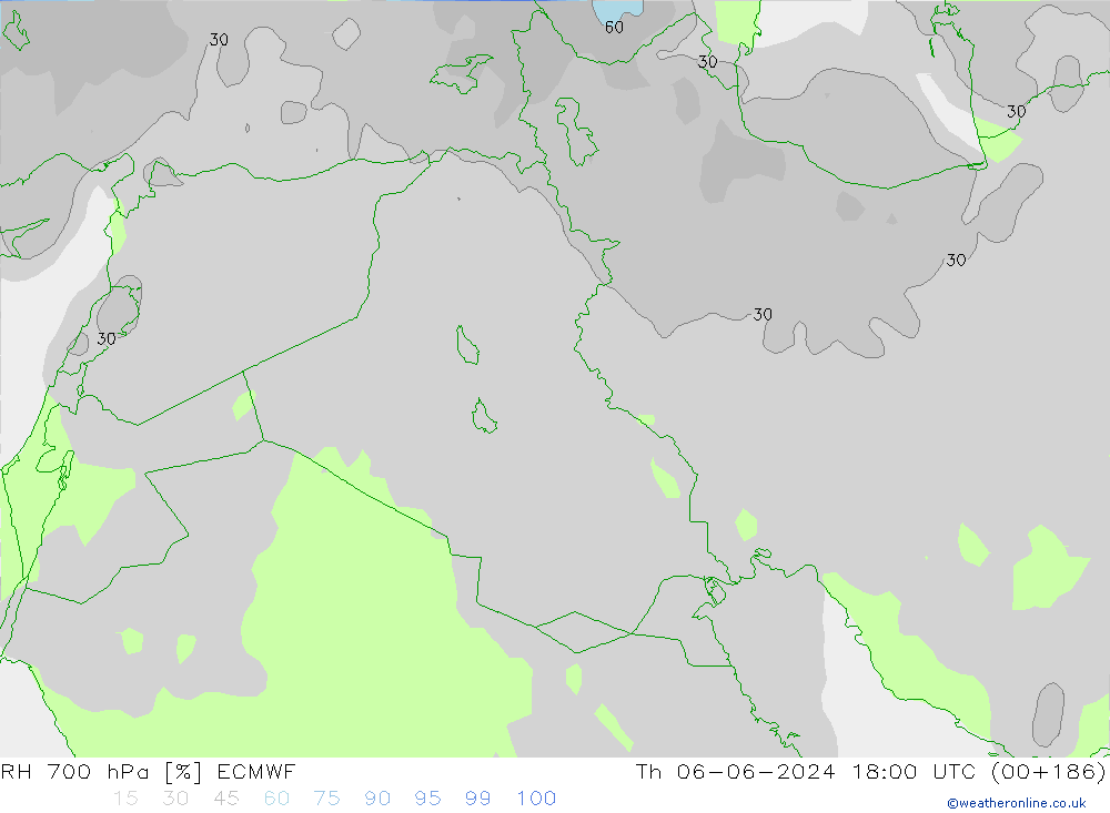 RH 700 hPa ECMWF Čt 06.06.2024 18 UTC