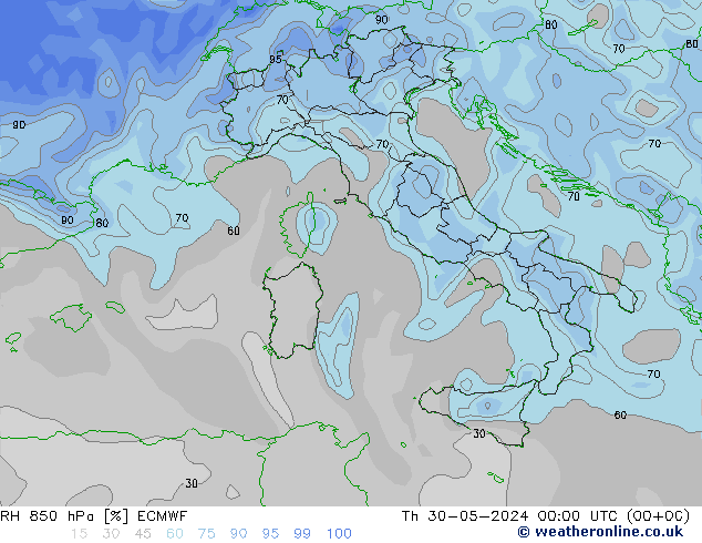 RH 850 hPa ECMWF Th 30.05.2024 00 UTC