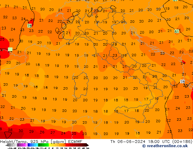 Height/Temp. 925 hPa ECMWF Čt 06.06.2024 18 UTC