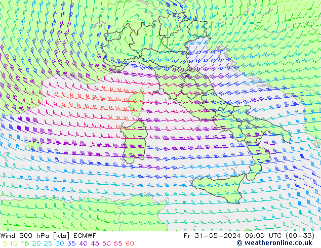 Wind 500 hPa ECMWF Fr 31.05.2024 09 UTC