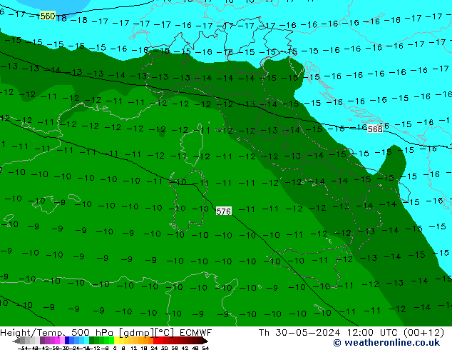 Z500/Rain (+SLP)/Z850 ECMWF Čt 30.05.2024 12 UTC