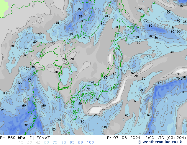 Humidité rel. 850 hPa ECMWF ven 07.06.2024 12 UTC