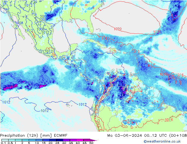 Totale neerslag (12h) ECMWF ma 03.06.2024 12 UTC