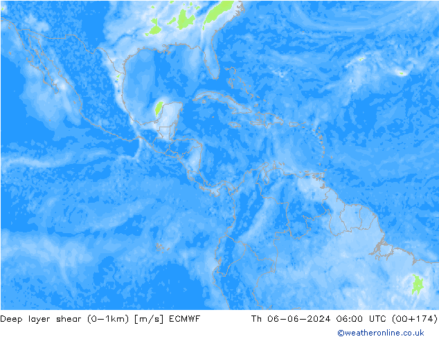 Deep layer shear (0-1km) ECMWF чт 06.06.2024 06 UTC