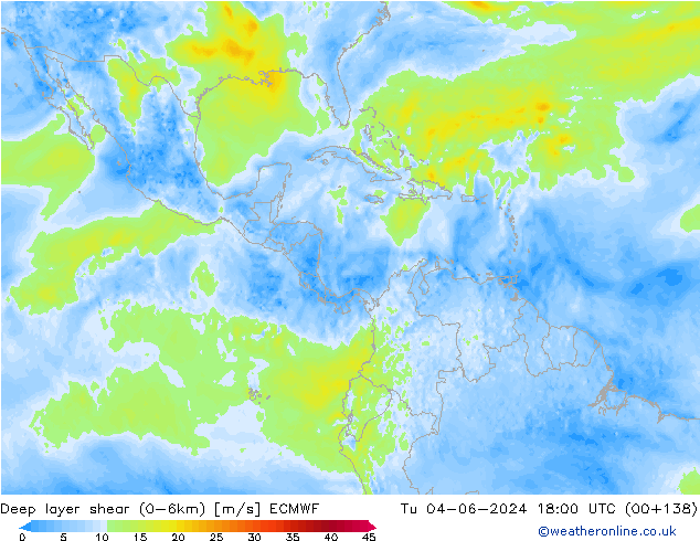 Deep layer shear (0-6km) ECMWF Tu 04.06.2024 18 UTC