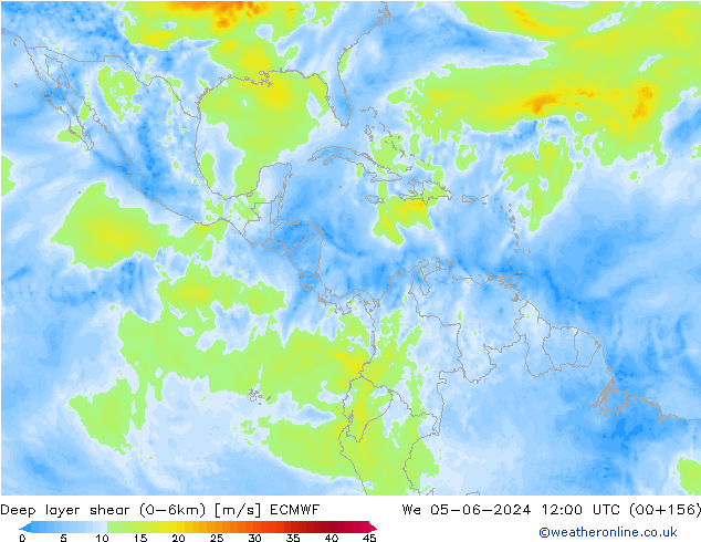 Deep layer shear (0-6km) ECMWF Qua 05.06.2024 12 UTC