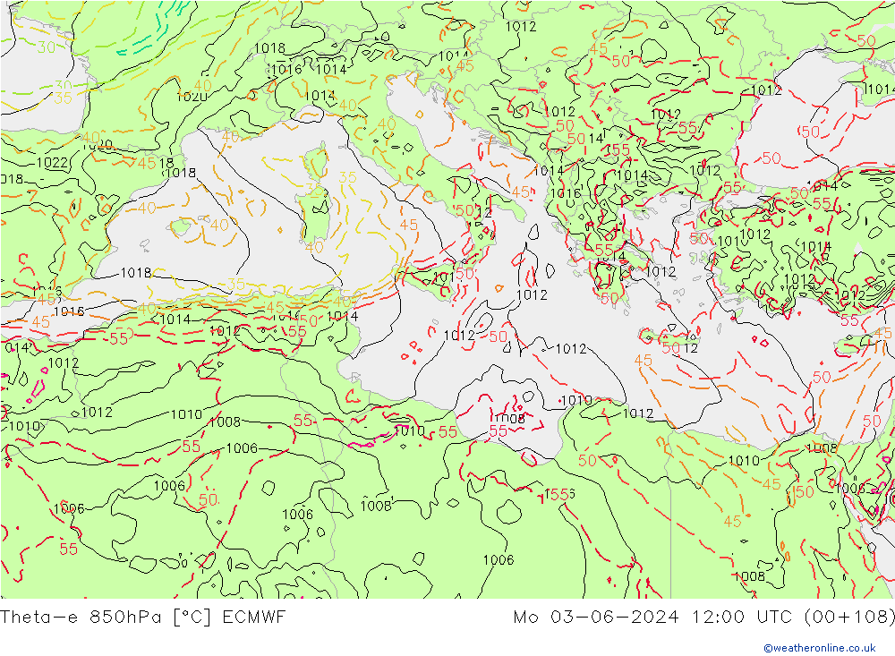Theta-e 850hPa ECMWF Mo 03.06.2024 12 UTC