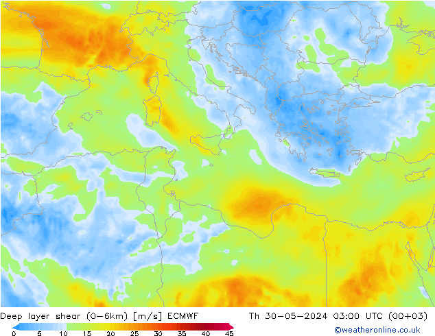 Deep layer shear (0-6km) ECMWF  30.05.2024 03 UTC