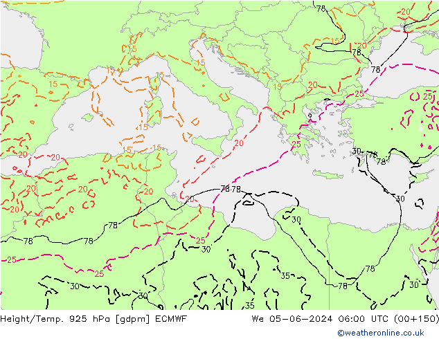 Height/Temp. 925 hPa ECMWF śro. 05.06.2024 06 UTC