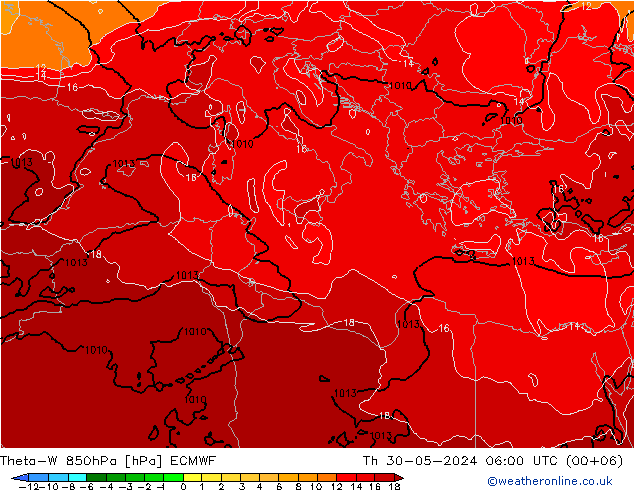 Theta-W 850hPa ECMWF Qui 30.05.2024 06 UTC