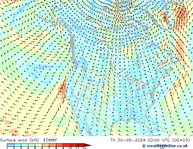 Surface wind (bft) ECMWF Th 30.05.2024 03 UTC