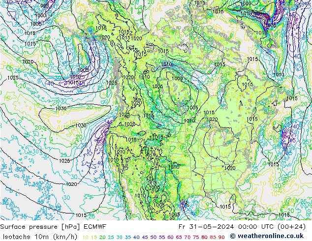 Isotachs (kph) ECMWF  31.05.2024 00 UTC