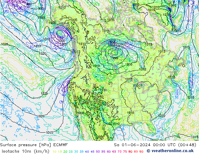 Isotachs (kph) ECMWF Sa 01.06.2024 00 UTC