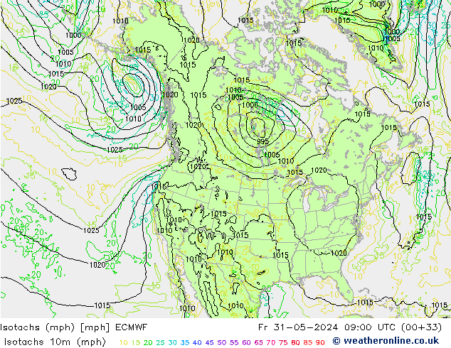Isotachs (mph) ECMWF пт 31.05.2024 09 UTC
