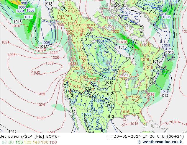 Jet stream/SLP ECMWF Th 30.05.2024 21 UTC