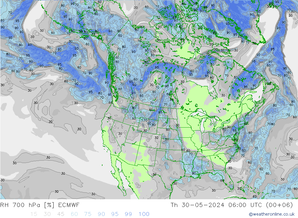 RH 700 hPa ECMWF Th 30.05.2024 06 UTC