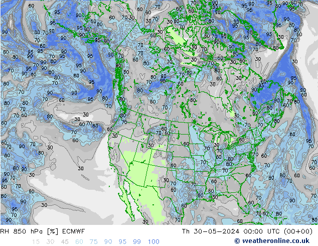 RH 850 hPa ECMWF gio 30.05.2024 00 UTC