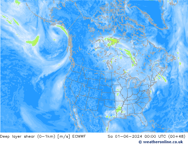 Deep layer shear (0-1km) ECMWF Cts 01.06.2024 00 UTC