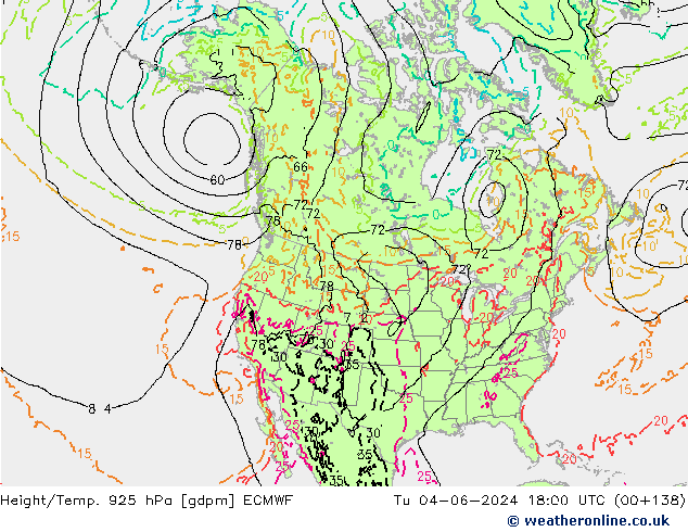 Height/Temp. 925 hPa ECMWF Tu 04.06.2024 18 UTC