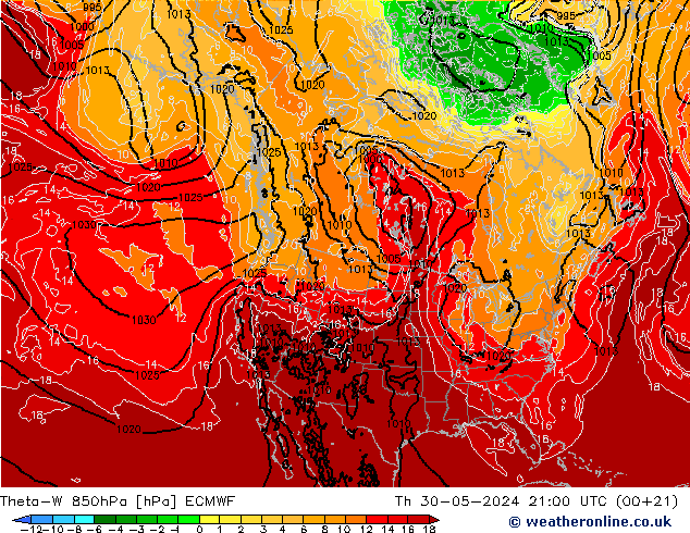 Theta-W 850гПа ECMWF чт 30.05.2024 21 UTC