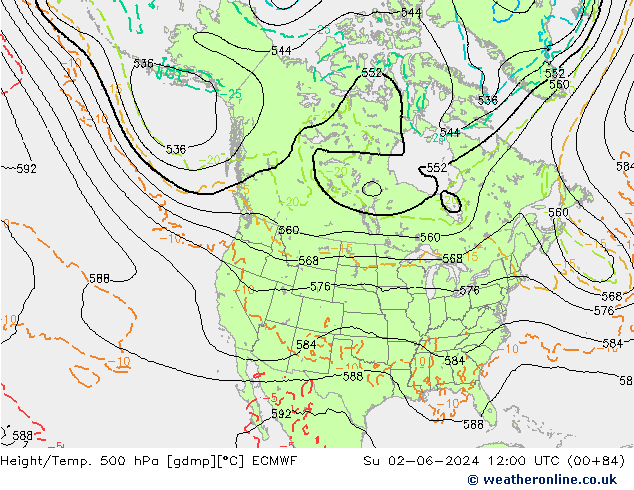 Height/Temp. 500 hPa ECMWF dom 02.06.2024 12 UTC