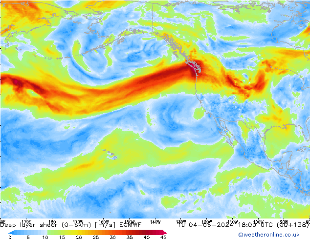 Deep layer shear (0-6km) ECMWF Út 04.06.2024 18 UTC