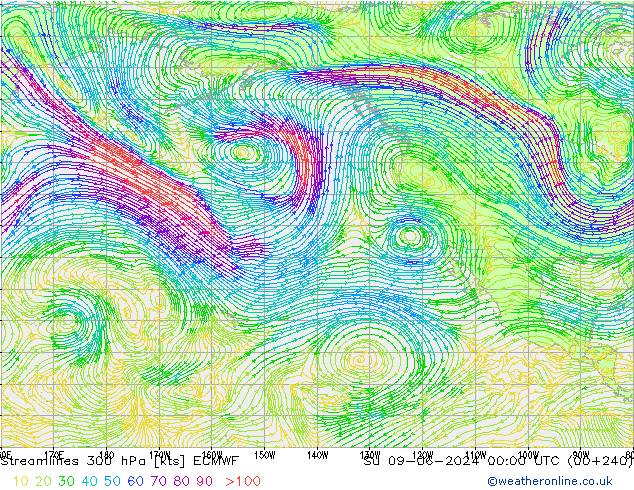 Streamlines 300 hPa ECMWF Su 09.06.2024 00 UTC