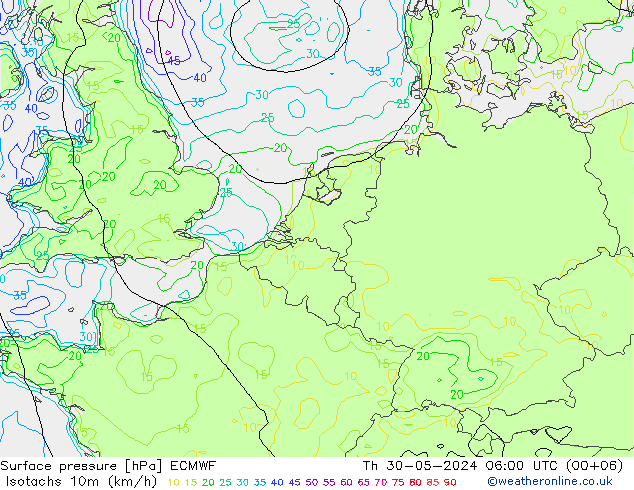 Isotachs (kph) ECMWF gio 30.05.2024 06 UTC