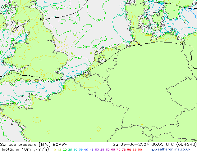 Isotachen (km/h) ECMWF zo 09.06.2024 00 UTC