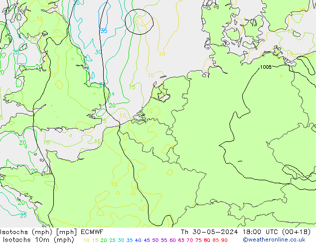 Isotachen (mph) ECMWF do 30.05.2024 18 UTC