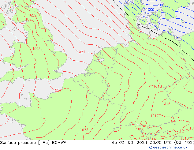 pressão do solo ECMWF Seg 03.06.2024 06 UTC