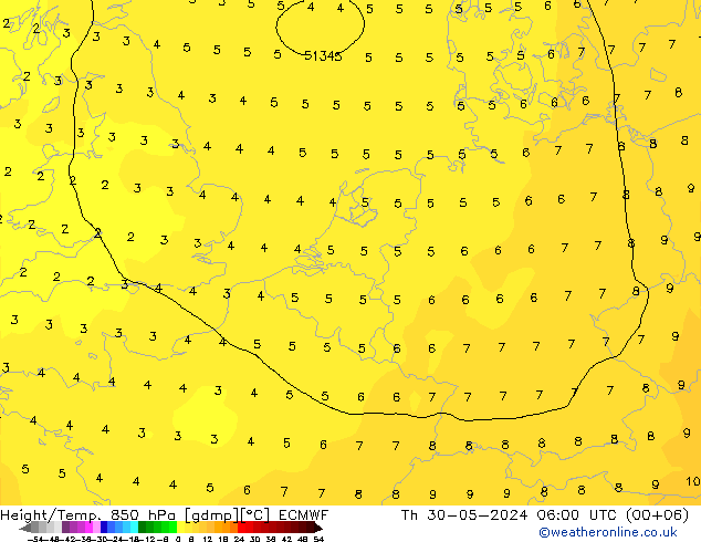 Z500/Rain (+SLP)/Z850 ECMWF Do 30.05.2024 06 UTC