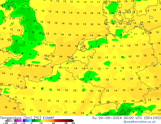 Temperatuurkaart (2m) ECMWF zo 09.06.2024 00 UTC