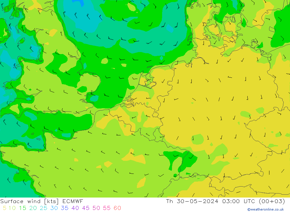 Vento 10 m ECMWF Qui 30.05.2024 03 UTC