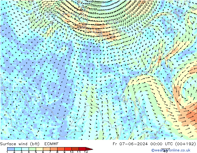 Surface wind (bft) ECMWF Fr 07.06.2024 00 UTC