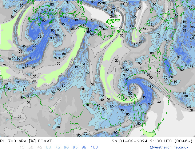 RH 700 hPa ECMWF Sáb 01.06.2024 21 UTC