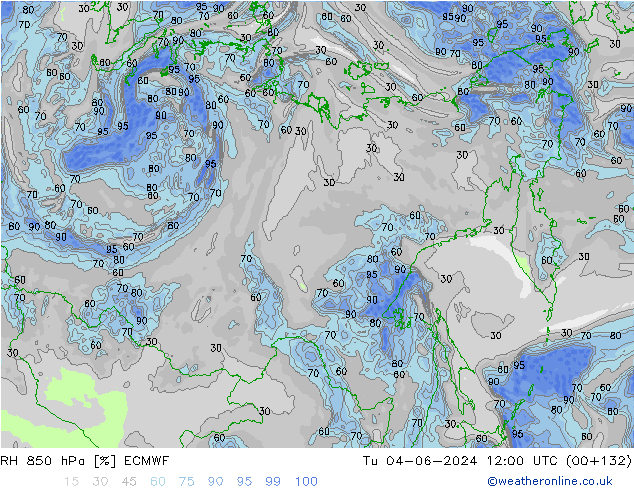 RH 850 hPa ECMWF Tu 04.06.2024 12 UTC