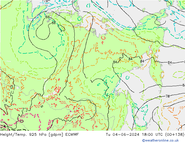 Height/Temp. 925 hPa ECMWF Tu 04.06.2024 18 UTC