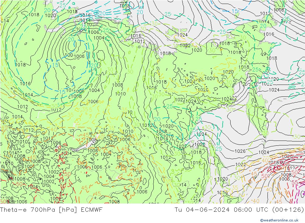 Theta-e 700hPa ECMWF Út 04.06.2024 06 UTC