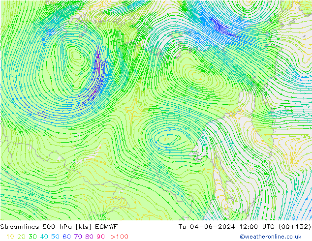 Streamlines 500 hPa ECMWF Tu 04.06.2024 12 UTC