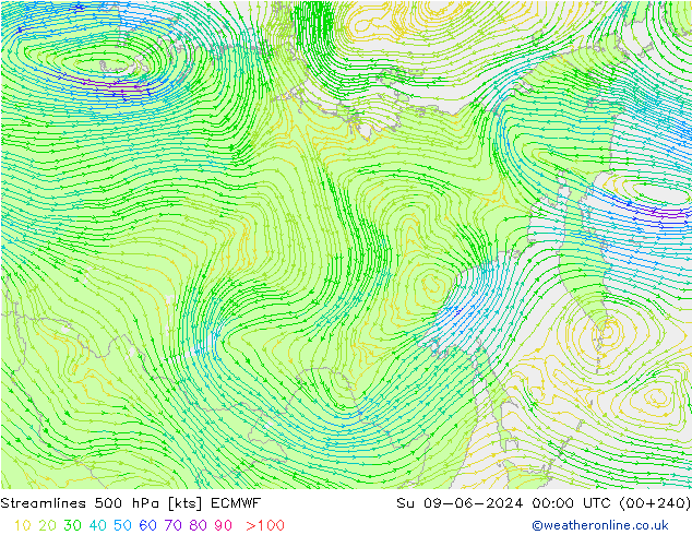 ветер 500 гПа ECMWF Вс 09.06.2024 00 UTC