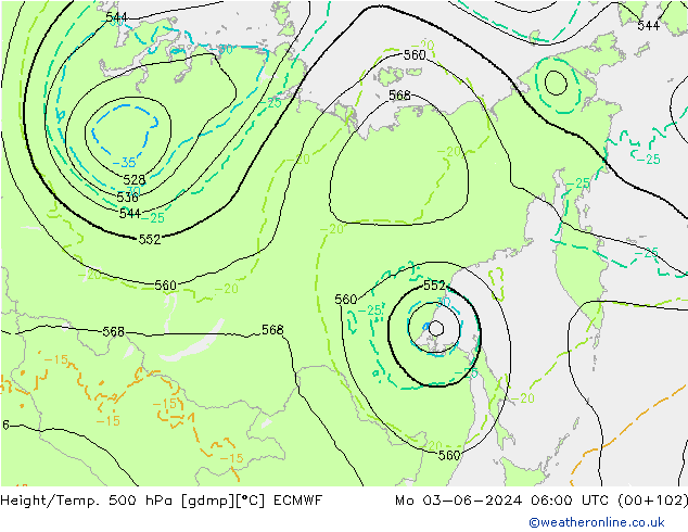 Z500/Rain (+SLP)/Z850 ECMWF Mo 03.06.2024 06 UTC