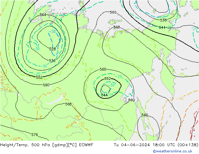 Z500/Rain (+SLP)/Z850 ECMWF Tu 04.06.2024 18 UTC