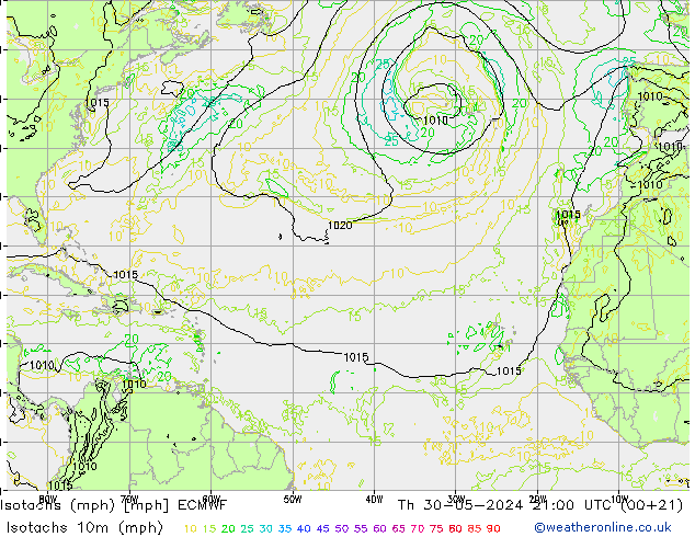 Isotachs (mph) ECMWF чт 30.05.2024 21 UTC