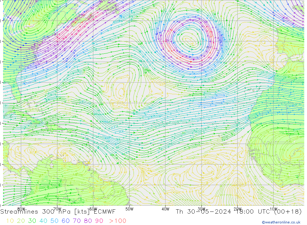 Stroomlijn 300 hPa ECMWF do 30.05.2024 18 UTC