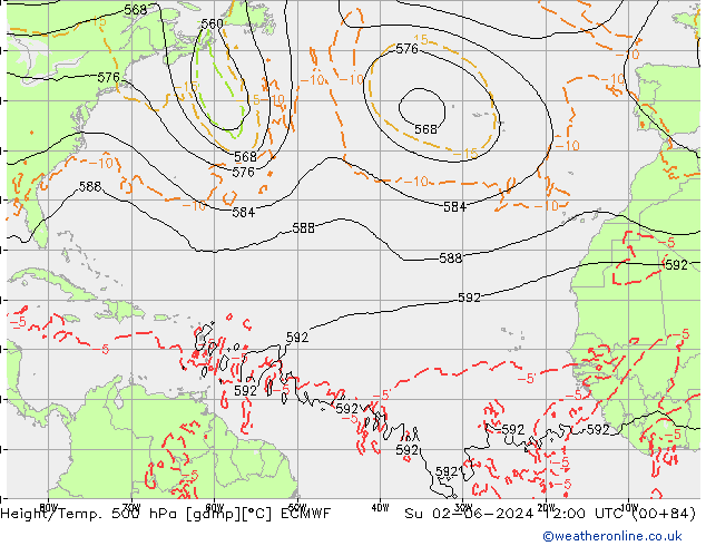 Height/Temp. 500 hPa ECMWF Su 02.06.2024 12 UTC