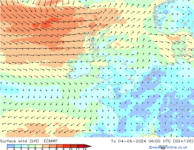 Wind 10 m (bft) ECMWF di 04.06.2024 06 UTC