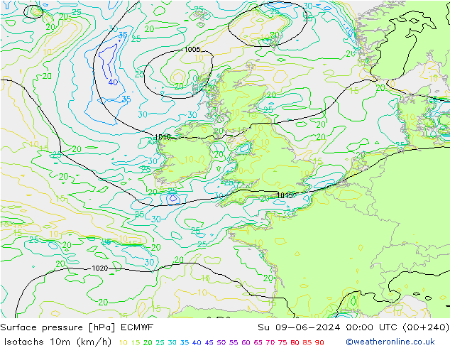 Isotachs (kph) ECMWF Dom 09.06.2024 00 UTC